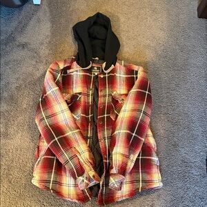 Men's Red Plaid Shirt Jacket with Hood